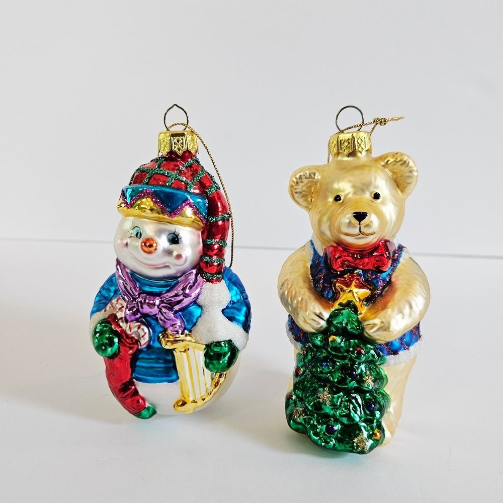 Vintage Set Painted Hand Blown Glass Christmas Tree Ornaments Snowman Teddy Bear